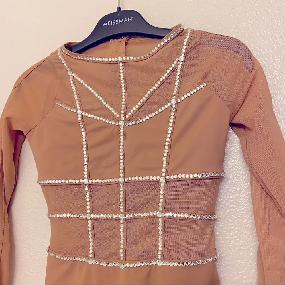 WEISSMAN solo custom illusion nude Dance Costume tan caged leotard MT10574 MC